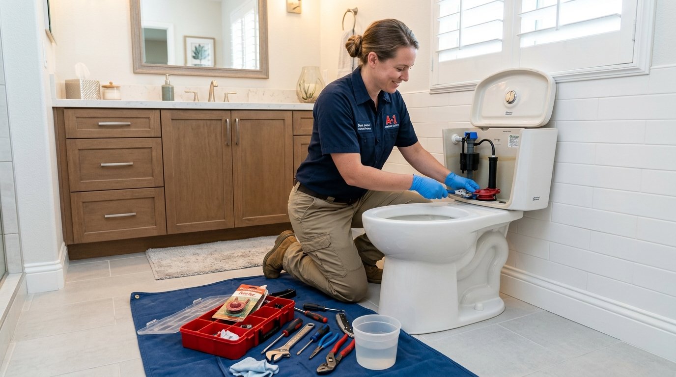 Licensed master plumber rebuilding an overflowing toilet tank mechanism in a Santa Ana bathroom