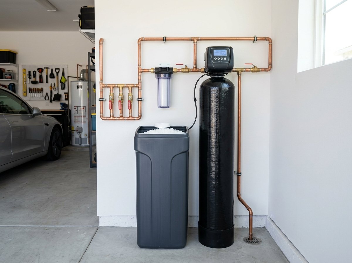 Residential whole-home water softener and filtration system in a Santa Ana garage